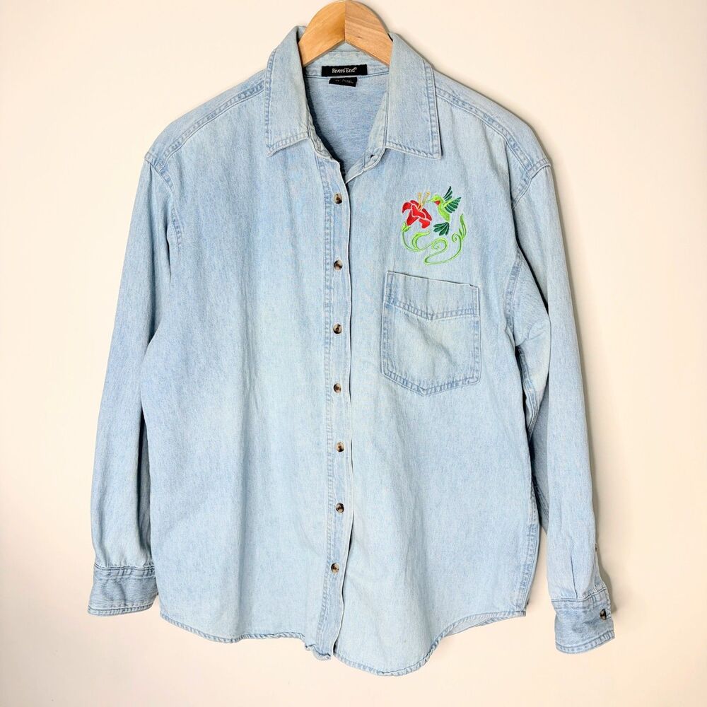 Vintage Rivers End Denim Shirt Long Sleeve Button Up Humming Bird Embroidered L